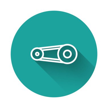 Beyaz çizgi zamanlayıcı kemer kiti simgesi uzun gölge arkaplan izole. Yeşil daire düğmesi. Vektör