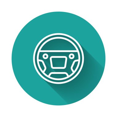 Beyaz çizgili direksiyon simgesi uzun gölge arkaplanı ile izole edilmiş. Araba tekeri ikonu. Yeşil daire düğmesi. Vektör