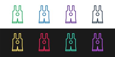 Siyah ve beyaz arkaplanda izole edilmiş çizgi güreş tekli simgesi belirle. Güreş üçlüsü. Vektör