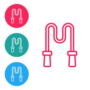 Kırmızı çizgi atlama ipi simgesi beyaz arkaplanda izole edildi. İp atlıyorum. Spor malzemeleri. Simgeleri daire düğmelerine ayır. Vektör