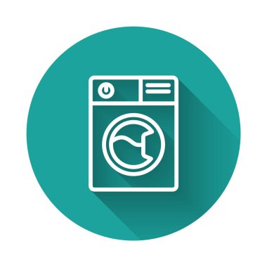 Beyaz çizgi yıkama simgesi uzun gölge arkaplan izole. Çamaşır makinesi simgesi. Çamaşır makinesi, çamaşır makinesi. Ev aletleri sembolü. Yeşil daire düğmesi. Vektör