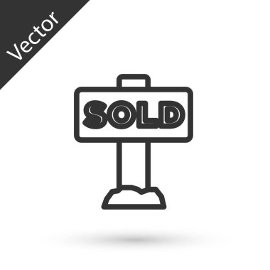 Beyaz arka planda izole edilmiş metin satışı simgesi olan gri çizgi asma işareti. Çıkartma satıldı. Tabela satıldı. Vektör