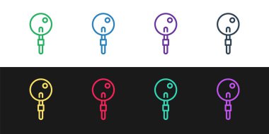 Siyah beyaz arkaplanda izole edilmiş çizgi lolipop simgesi. Yemek, lezzetli bir sembol. Vektör