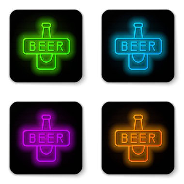 Parlayan neon hattı bira şişesi simgesi beyaz arka planda izole edildi. Siyah kare düğme. Vektör