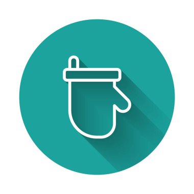 Beyaz çizgi sauna eldivenleri uzun gölge arkaplan izole ikonu. Kaplıca eldiveni. Yeşil daire düğmesi. Vektör