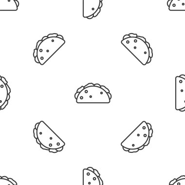 Tortilla ikonlu gri çizgi Taco beyaz arka planda iz bırakmış. Geleneksel Meksika fast food menüsü. Vektör