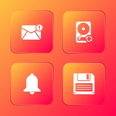 Yeni gelen iletiyi ayarla, sabit disk eşzamanlama, zil ve disket simgesi. Vektör.