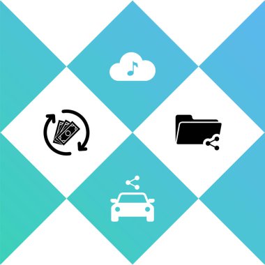 Para iadesi, araba paylaşımı, müzik akışı servisi ve paylaşım klasörü simgesini ayarlayın. Vektör.