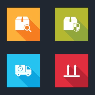 Arama paketini, teslimat kutusu güvenlik kalkanını, kamyoneti ve kronometreyi ayarlayın ve bu kenarı simgeye çevirin. Vektör.