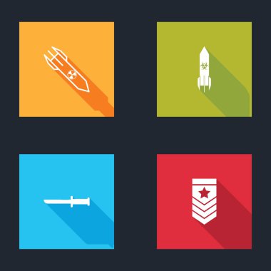 Nükleer roket, biyolojik tehlike, askeri bıçak ve sembol ikonu. Vektör.