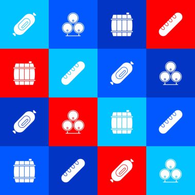 Salami sosisi, tahta fıçılar ve Fransız baget ekmek ikonu. Vektör.