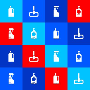 Kumaş yumuşatıcısını, paspası, sprey şişesini deterjan sıvısı ve el dezenfektanı ile ayarla. Vektör.