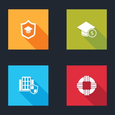 Mezuniyet şapkasını kalkan ve para ile ayarla, House ve Lifebuoy simgesi. Vektör.