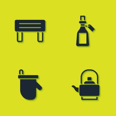 Sauna ahşap tezgahı, saplı su ısıtıcısı, eldiven ve temel yağ şişesi ikonu. Vektör