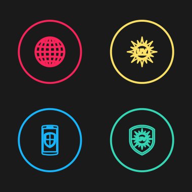 Smartphone 'u kalkan, ultraviyole koruma ve dünya ikonu ile ayarla. Vektör.