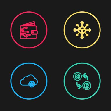 Kripto para birimi bulut madenciliği, döviz, dağıtım ve cüzdan simgesini ayarla. Vektör.