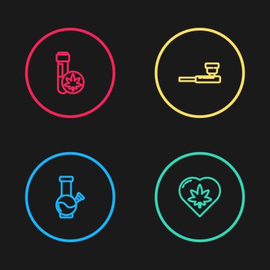 Marihuana içmek için cam bong, marihuana yaprağı kalbi, tüttürmek için pipo ve ikonlu kimyasal test tüpü. Vektör.