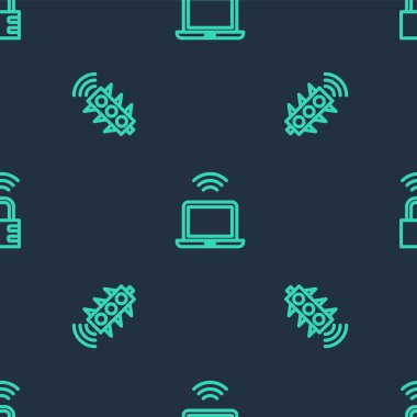 Kablosuz dizüstü bilgisayar, akıllı trafik lambası ve güvenli kombinasyon kilitlerini kusursuz desene ayarlayın. Vektör