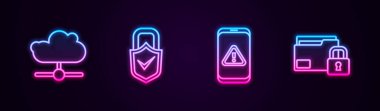 Satır Ağ bulut bağlantısını ayarla, kilitle ve işaretle, ünlem ve dizin kilidiyle mobil bağlantıyı ayarla. Parlayan neon ikonu. Vektör