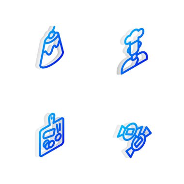 Isometric Line Cook, Pudding Muhallebi, Kesme tahtası ve Candy ikonu. Vektör