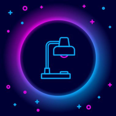 Parlayan neon çizgisi masa lambası simgesi siyah arkaplanda izole edildi. Masa lambası. Renkli taslak konsepti. Vektör