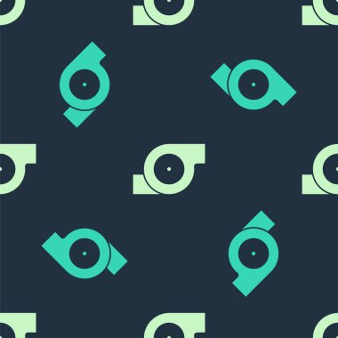 Yeşil ve bej rengi otomotiv turbo şarj ikonu mavi arka planda izole edilmiş pürüzsüz desen. Araç performans turboyu. Turbo kompresör indüksiyonu. Vektör