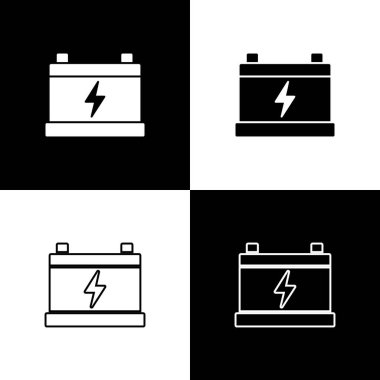 Araba aküsü simgesini siyah beyaz arkaplanda izole et. Akümülatör bataryası enerji ve elektrik akümülatörü bataryası. Vektör
