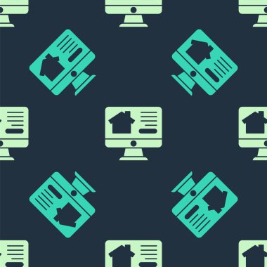 Monitördeki yeşil ve bej renkli emlak evi mavi arka planda izole edilmiş. Ev kredisi konsepti, kira, satın alma, mülk alma. Vektör