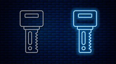 Uzaktan kumandalı, duvarda izole edilmiş parlak neon çizgili araba anahtarı. Araba anahtarı ve alarm sistemi. Vektör