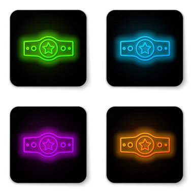 Parlayan neon çizgisi boks kemeri simgesi beyaz arkaplanda izole edildi. Kemer boks şampiyonası dövüş ödülünü kazandı. Siyah kare düğme. Vektör