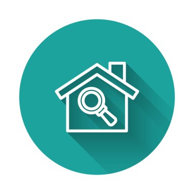 Beyaz çizgi Arama Evi simgesi uzun gölge arkaplanı ile izole edildi. Büyüteç altındaki bir evin emlak sembolü. Yeşil daire düğmesi. Vektör