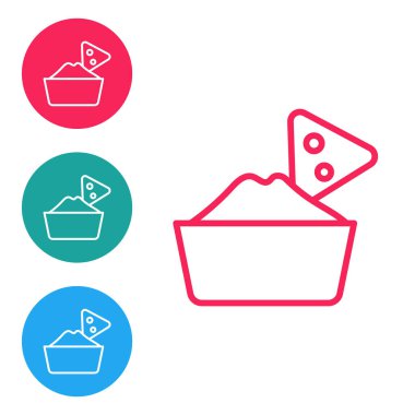 Kırmızı çizgi Nachos beyaz arka planda izole çanak ikon. Tortilla cipsi veya nachos tortilla. Geleneksel Meksika fast food menüsü. Simgeleri daire düğmelerine ayır. Vektör