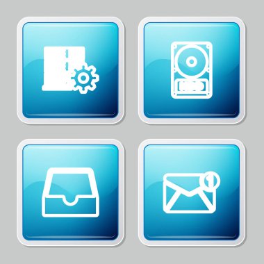 Satır Sunucusu ayarları, Sabit disk sürücüsü HDD, Sosyal medya gelen kutusu ve Yeni, e- posta gelen ileti simgesi. Vektör.