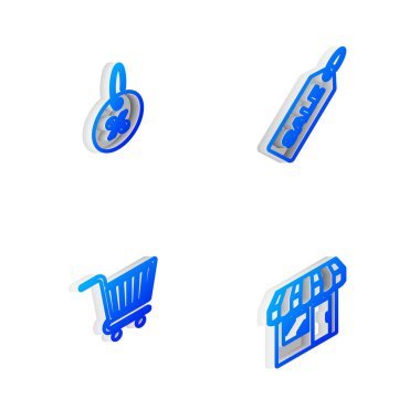 Isometric marka Price etiketini indirimli, indirimli, alışveriş arabası ve market ikonu ile ayarla. Vektör.