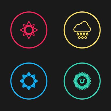 Güneş batsın, yağmur ve ikonlu bulut. Vektör.