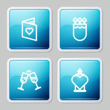 Sevgililer Günü broşüründe kalp, titreme ve oklar, bir kadeh şampanya ve bir şişe aşk ikonu olsun. Vektör.