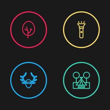 Geyik boynuzlarını kalkan, turist çadırı, fener ve ağaç simgesine yerleştir. Vektör