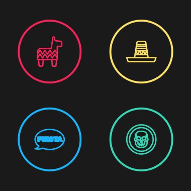 Fiesta hattı, Meksika kafatası parası, sombrero ve Pinata ikonu. Vektör