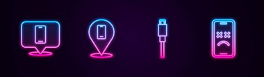 Hattı onarım servisi, USB kablo kablosu ve ölü cep telefonu ayarla. Parlayan neon ikonu. Vektör