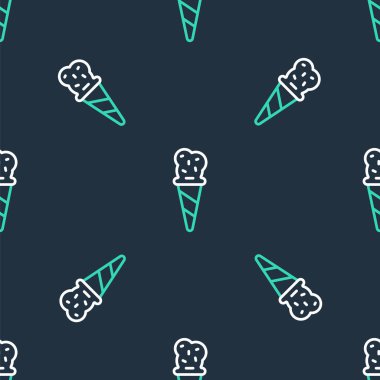 Waffle konisi simgesinde çizgi dondurması siyah arka planda izole edilmiş kusursuz desen. Güzel sembol. Vektör