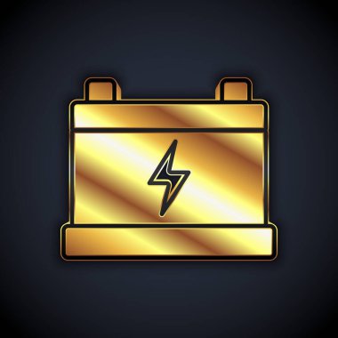 Siyah arkaplanda altın rengi akü ikonu var. Akümülatör bataryası enerji ve elektrik akümülatörü bataryası. Vektör