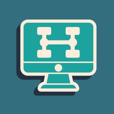 Yeşil arka planda izole edilmiş araç simgesinin yeşil donanım tanılama durumu. Araba servisi ve tamir parçaları. Uzun gölge tarzı. Vektör