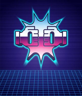 Boks eldivenlerindeki Retro stil Yumruk ikonu fütüristik manzara arka planını izole etti. Boks eldivenleri patlayıcıyla birbirine çarpıyor. 80 'lerin moda partisi. Vektör