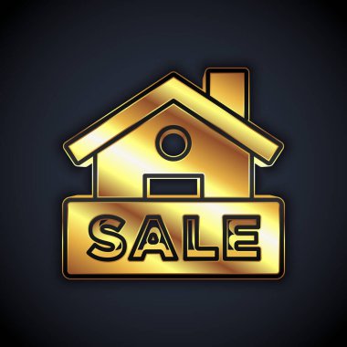 Siyah arka planda izole edilmiş metin satışı simgesi olan altın asma işareti. Mesaj indirimli tabela. Vektör