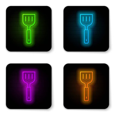 Parlayan neon çizgisi Spatula simgesi beyaz arkaplanda izole edildi. Mutfak spatula ikonu. Barbekü spatula işareti. Barbekü ve ızgara aleti. Siyah kare düğme. Vektör