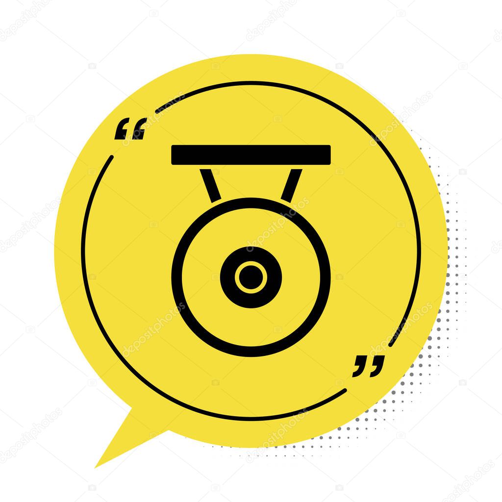 Black Gong musical percussion instrument circular metal disc icon isolated on white background. Yellow speech bubble symbol. Vector