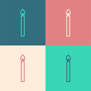 Pop sanat eseri yanan mum simgesi renk arkaplanında izole edildi. Silindirik mum çubuğu ve yanan ateş. Vektör