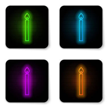 Parlayan neon hattı yanan mum simgesi beyaz arkaplanda izole edildi. Silindirik mum çubuğu ve yanan ateş. Siyah kare düğme. Vektör