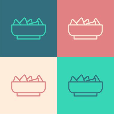 Popüler sanat eseri Nachos 'un renkli arka planda izole edilmiş kase ikonu. Tortilla cipsi veya nachos tortilla. Geleneksel Meksika fast food menüsü. Vektör