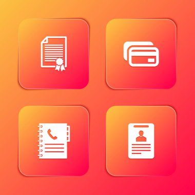 Sertifika şablonu, kredi kartı, telefon rehberi ve kimlik kartı simgesini ayarla. Vektör.